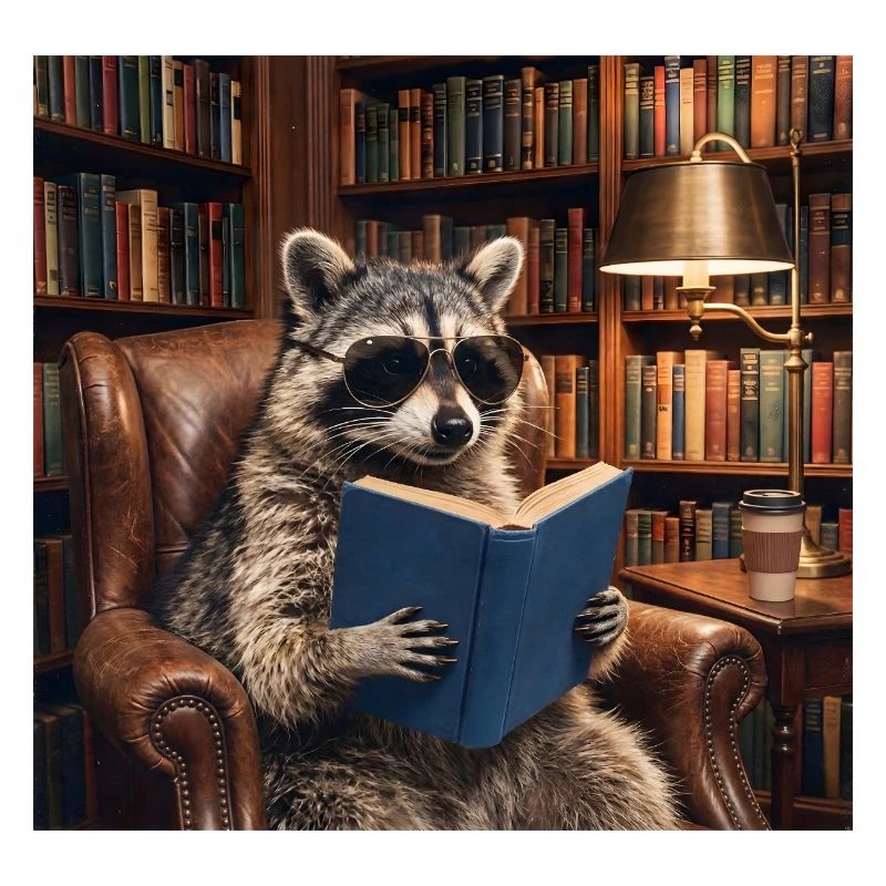 Reading raccoon in library