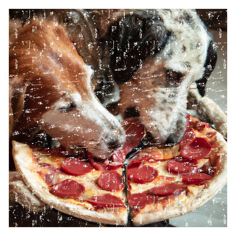 Deux chiens mangeant de la pizza salami