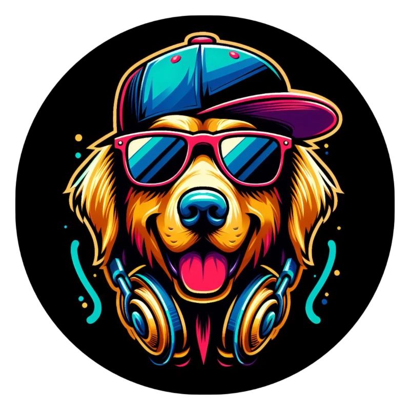 Golden Retriever Hund Rapper mit Cap und Kopfhörer