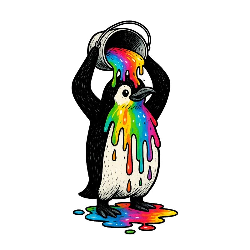 Bunter Pinguin mit Farbeimer