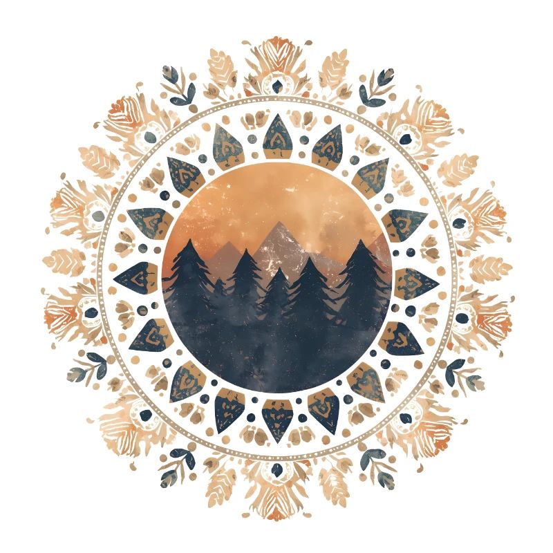 Boho Mandala with Forest & Mountains in Sunlight