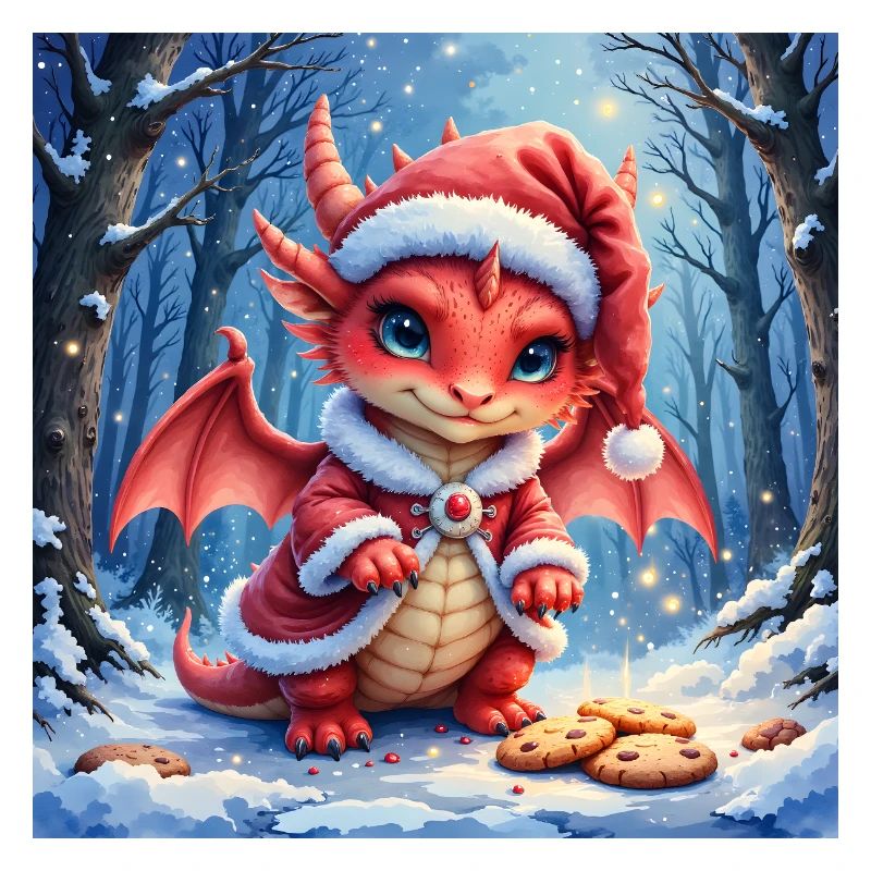 Adorable dragon de Noël dans la forêt enneigée