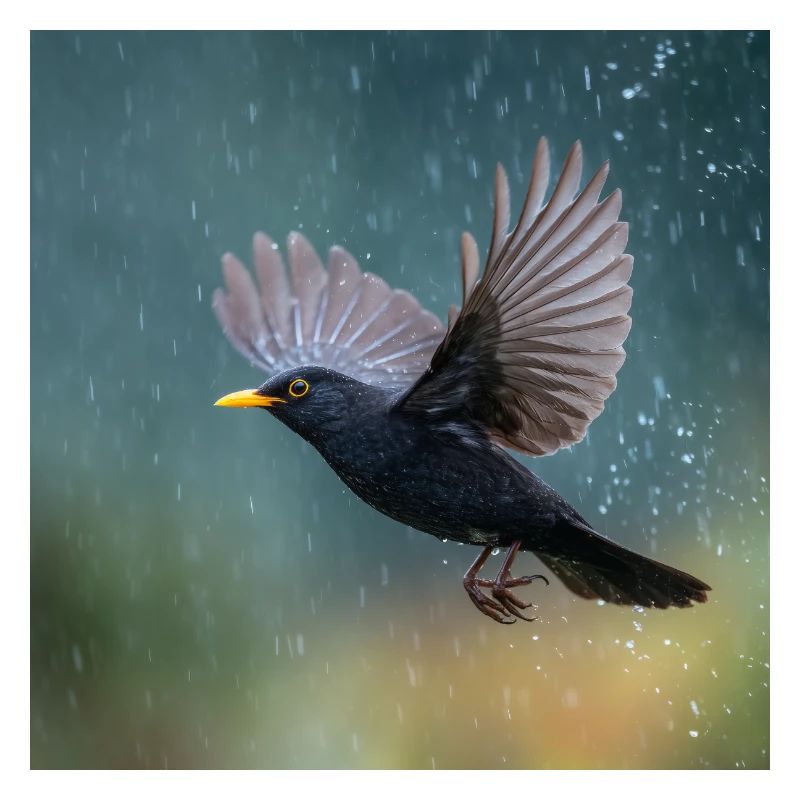 Blackbird in the rain Black thrush in the spring rain