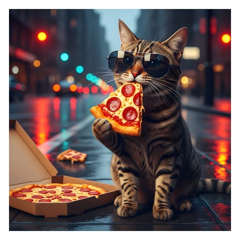 PizzaKatze im Neonregen