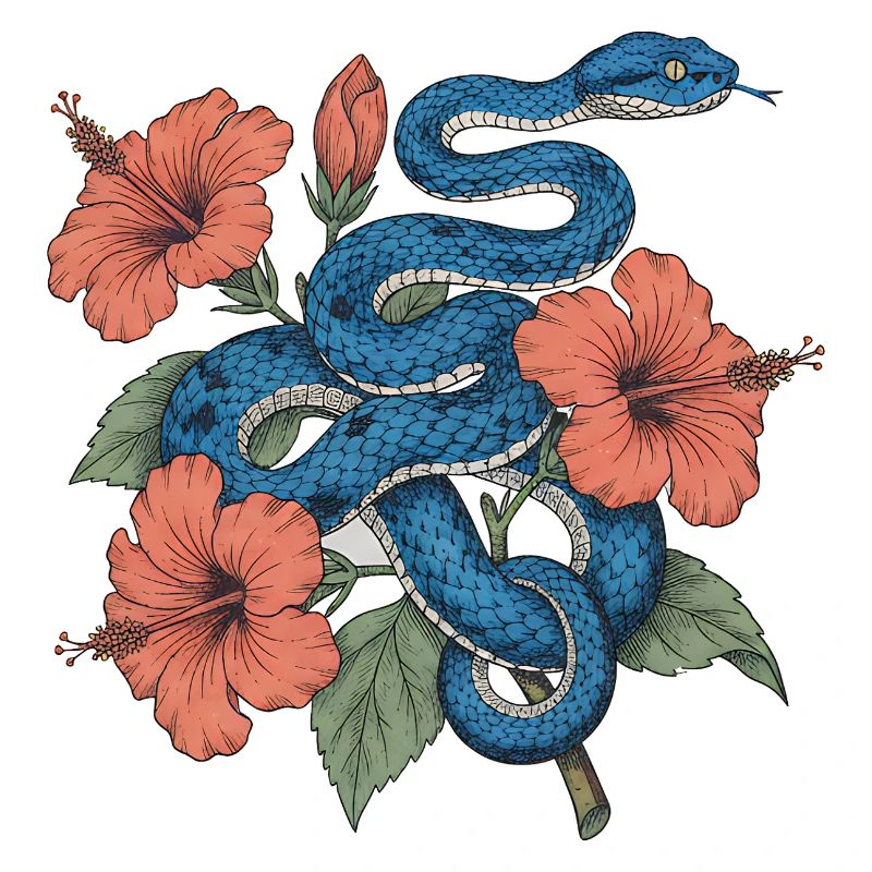 Serpent d’azur au milieu de l’hibiscus
