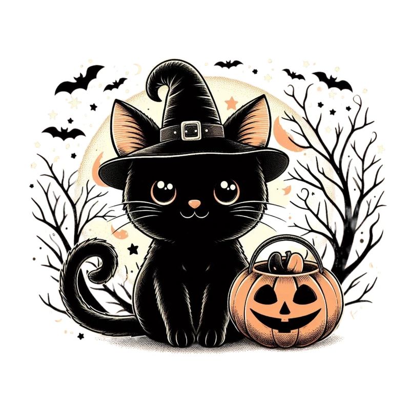 Cute black kitten witch halloween