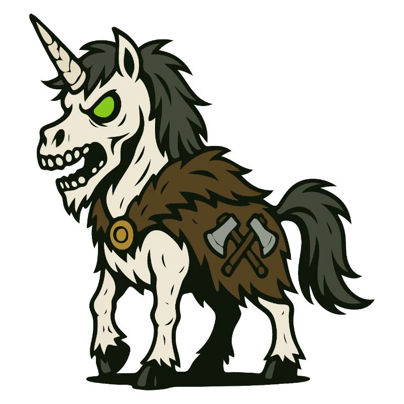 Untoter Wikinger-Einhorn mit Äxten und Fellumhang