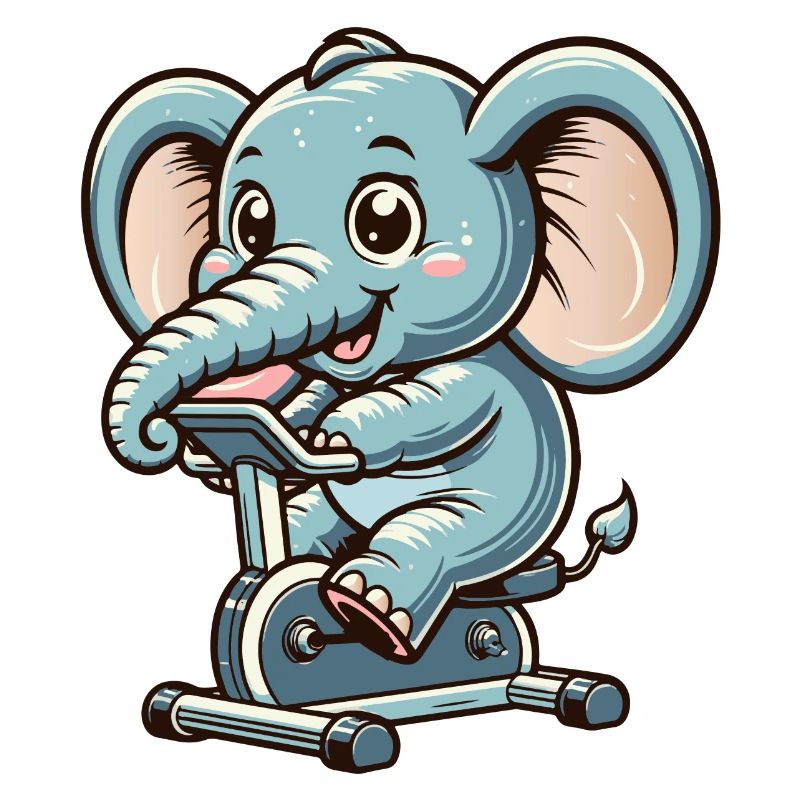 blauer Cartoon-Elefant auf einem Ergometer