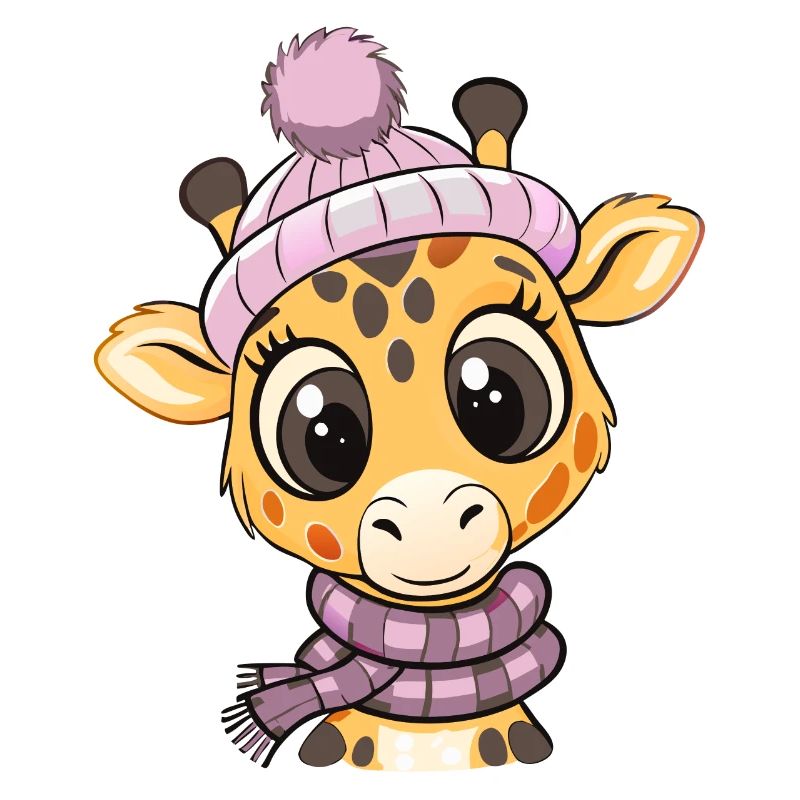 Jolie girafe avec écharpe et chapeau à pompon.