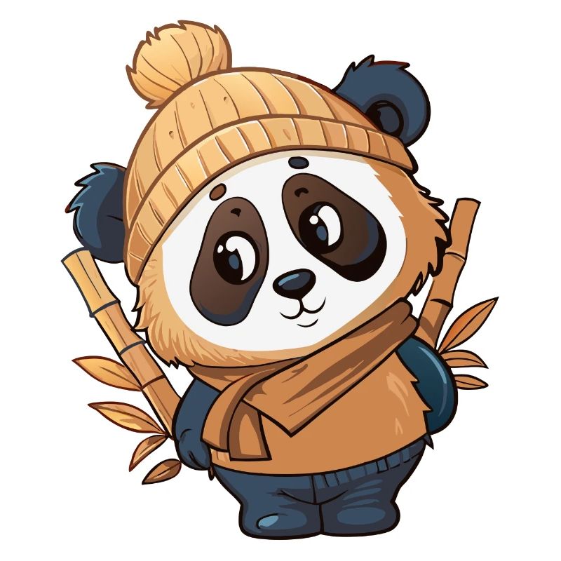 Panda mignon avec écharpe et chapeau à pompon.