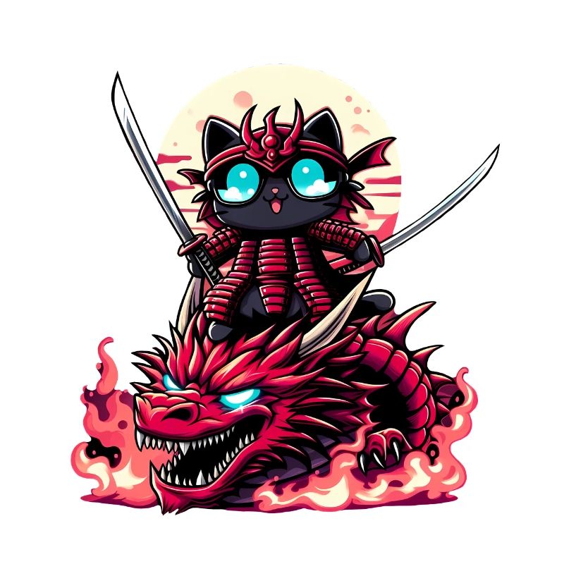 Chat samouraï avec épée sur dragon dans une bataille épique 3D