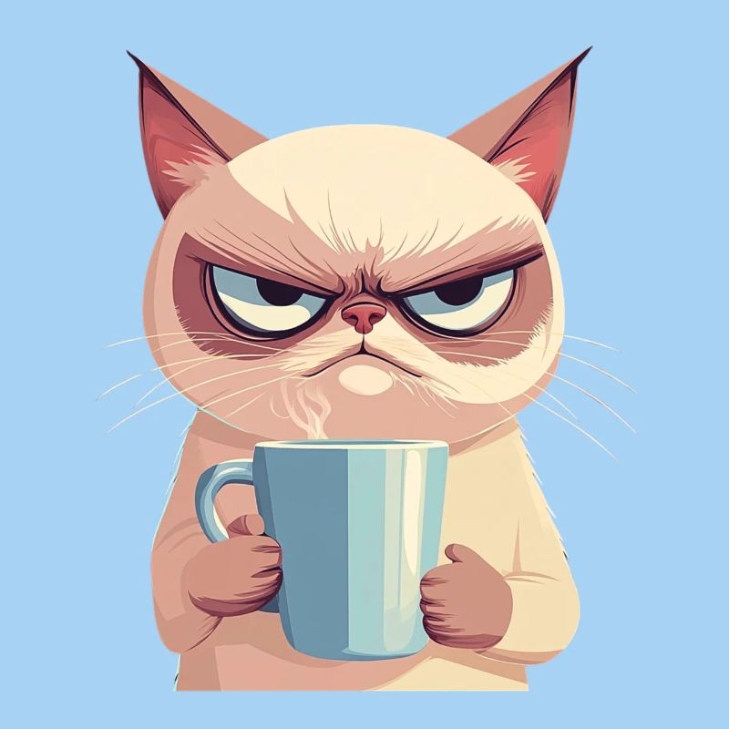 Grumpy-Stil: Grantige Katze mit Kaffee