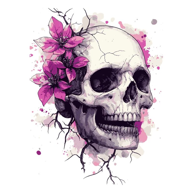 Schädel mit pinken Blumen & Farbklecksen