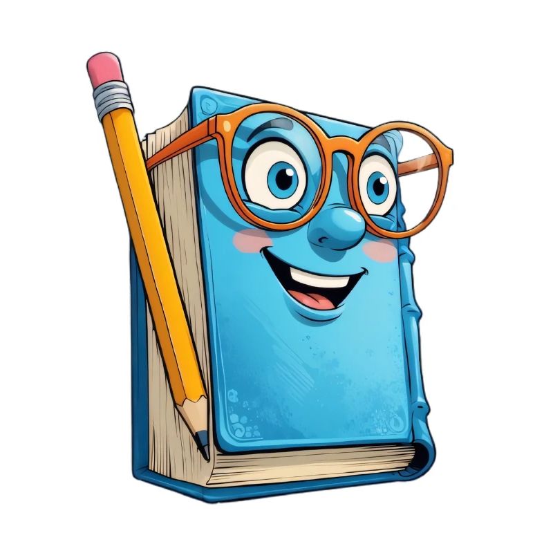 Fröhlicher Buchheld mit Brille und Bleistift