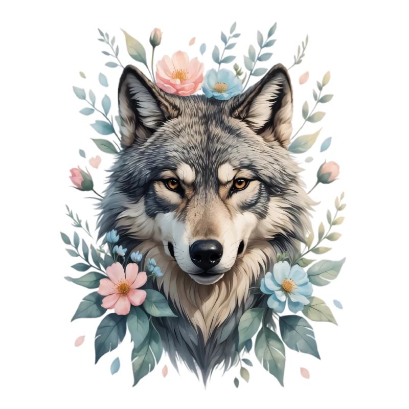Wolfskopf mit Blumenkranz
