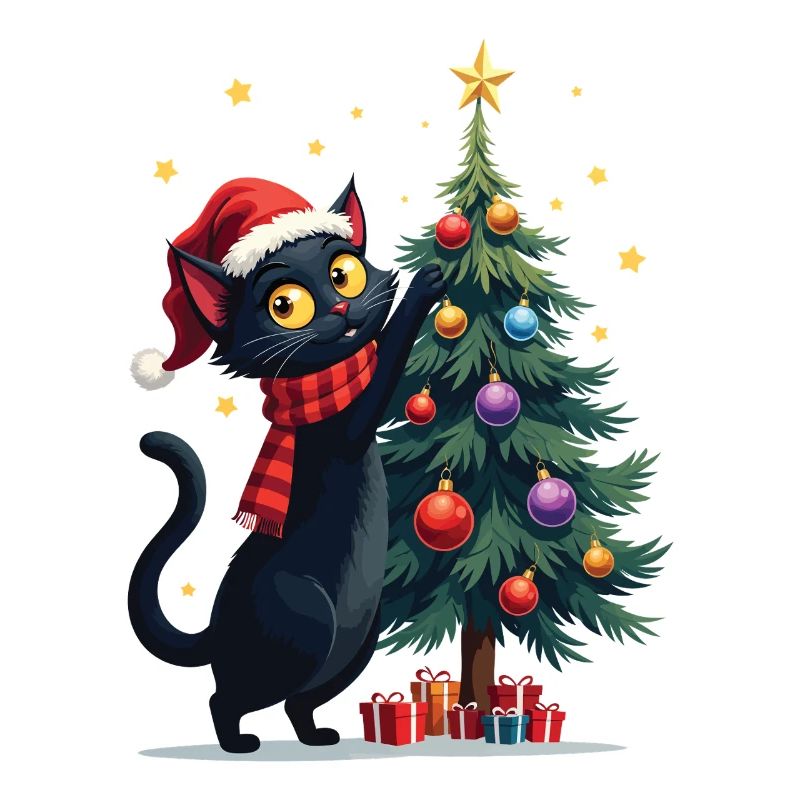 Schwarze Katze und Weihnachtsbaum