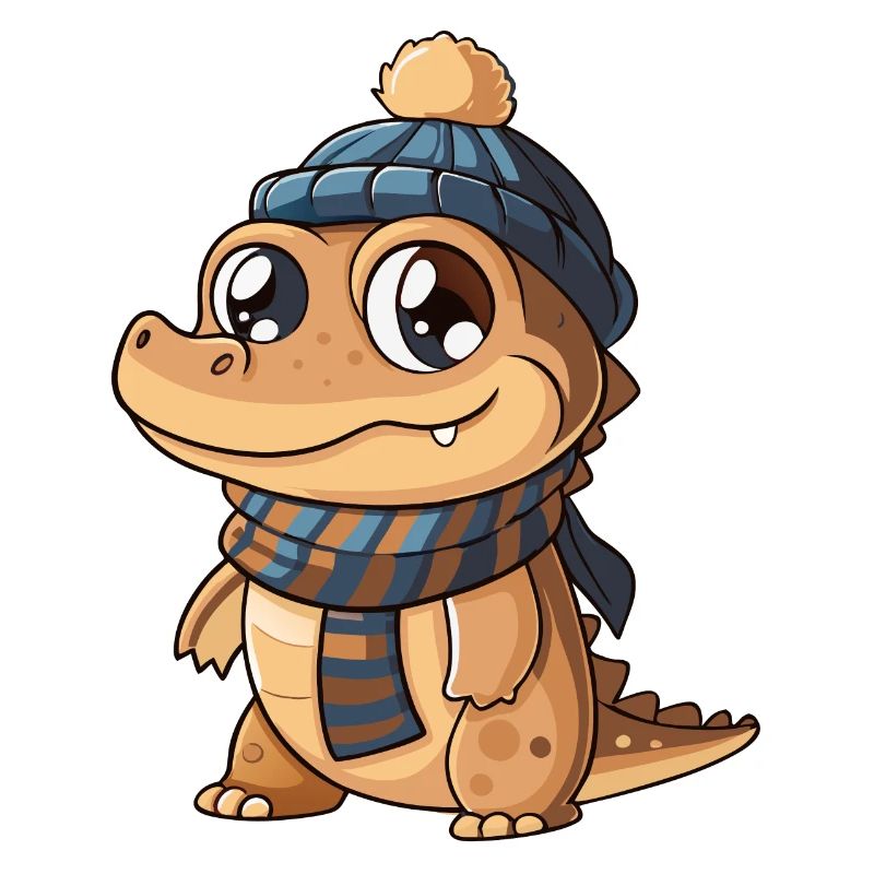 Crocodile mignon avec écharpe et chapeau à pompon.