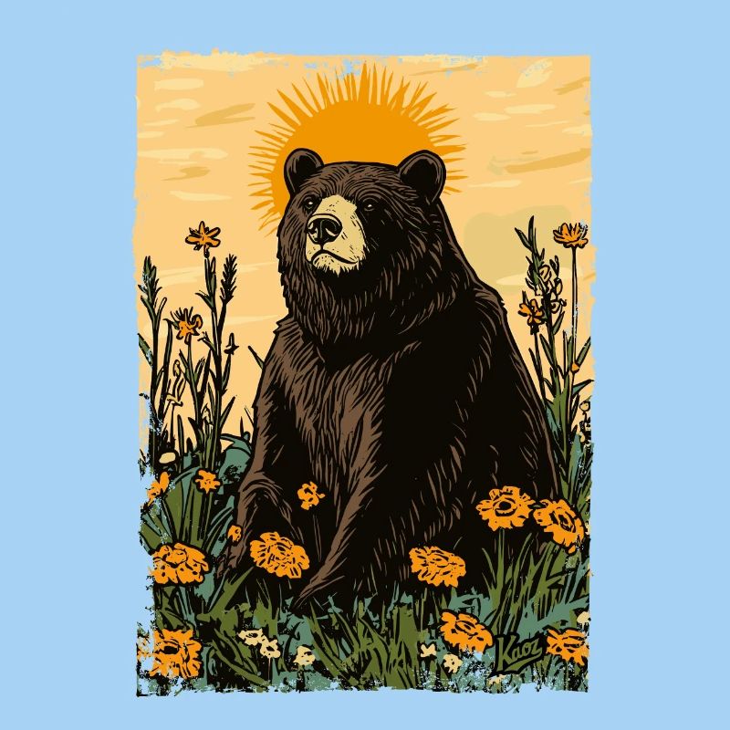 Bär auf sonniger Wiese voller Blumen