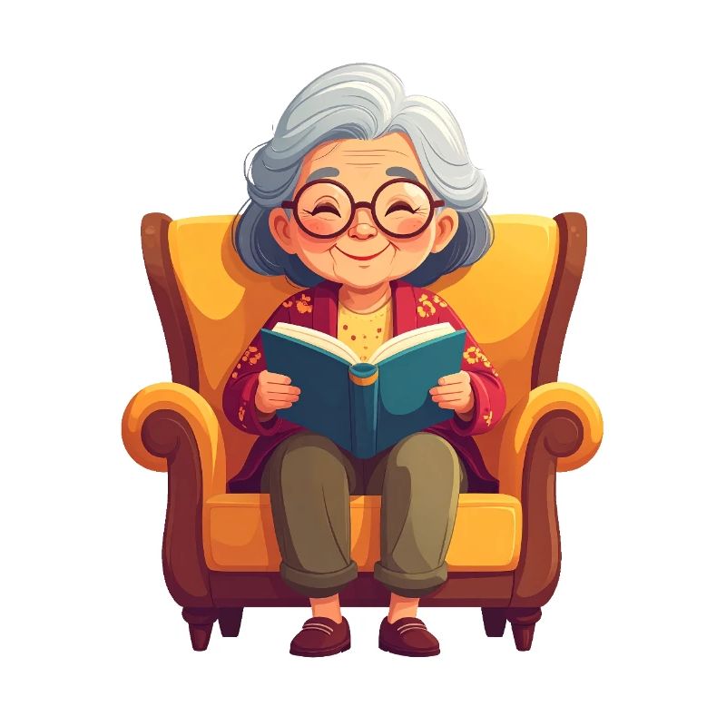 Oma sitzt im Sessel und liest ein Buch