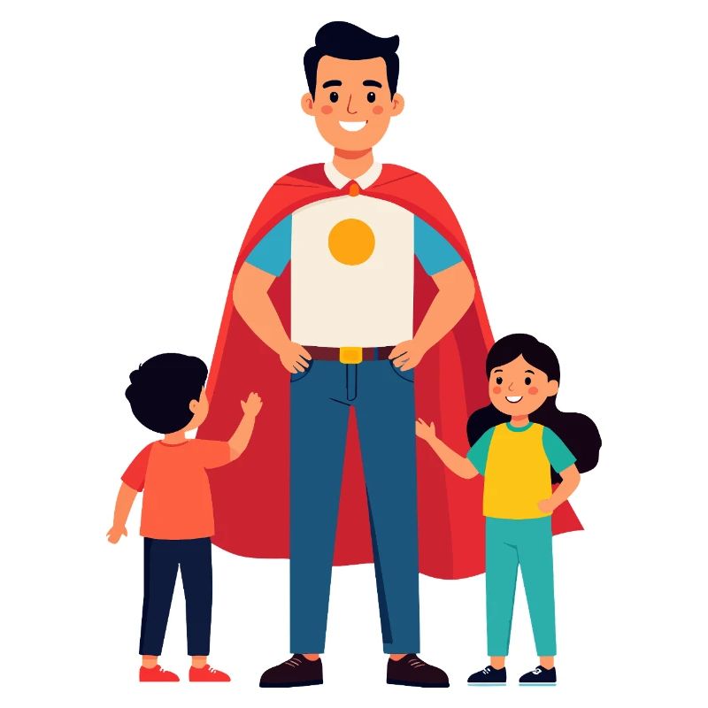 Erzieher Held oder Heldenvater mit Cape und Kinder