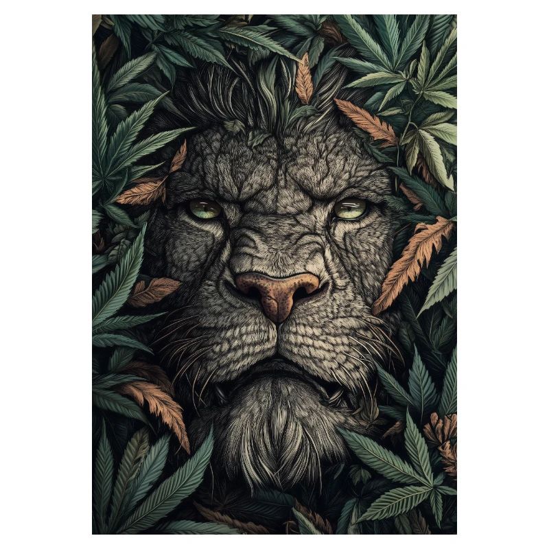 Tête de lion dans le feuillage