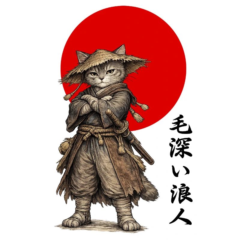 Katzen-Ronin-Samurai unter roter Sonne