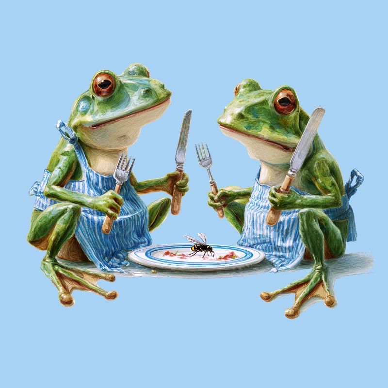 Two frog cooks at dinner