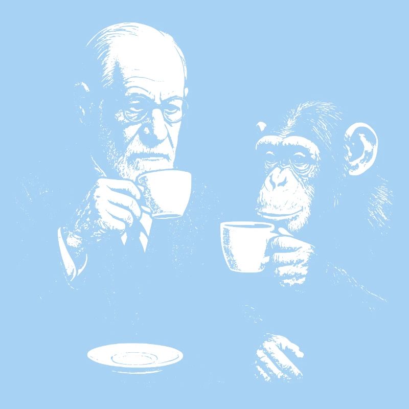 Sigmund Freud drinking coffee with monkey