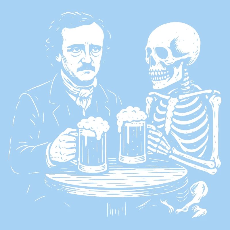 Edgar Allan Poe drinking beer with death