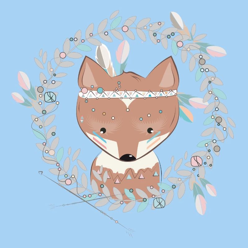 small fox with feather decoration in ethno frame