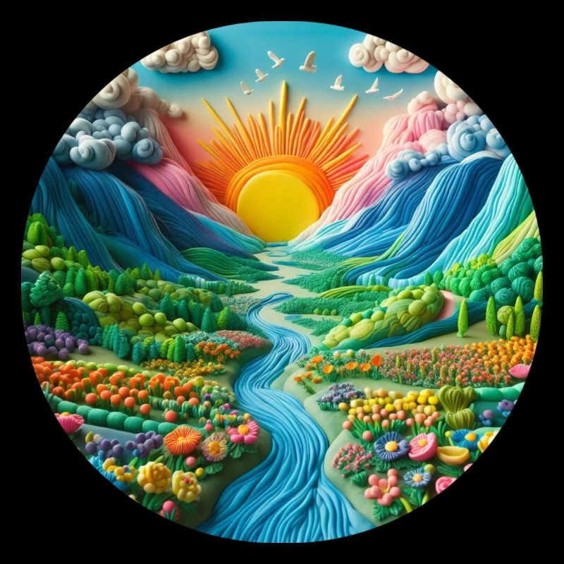 Landschaft bunt mit Sonne Berge und See aus Knete