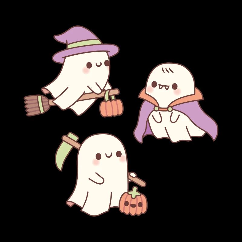 Cute Ghosts As Witch Grim Reaper And Vampire