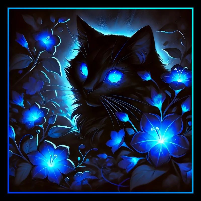 A shimmering glowing little black cat