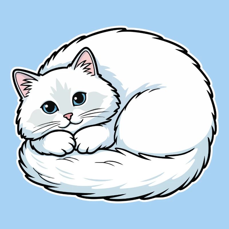 Chat Blanc Angora Yeux Bleus Enroulé Mignon