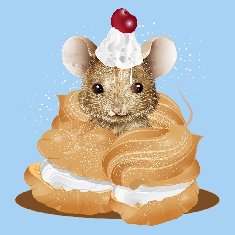 Maus mit Sahnehäubchen inmitten von Windbeuteln