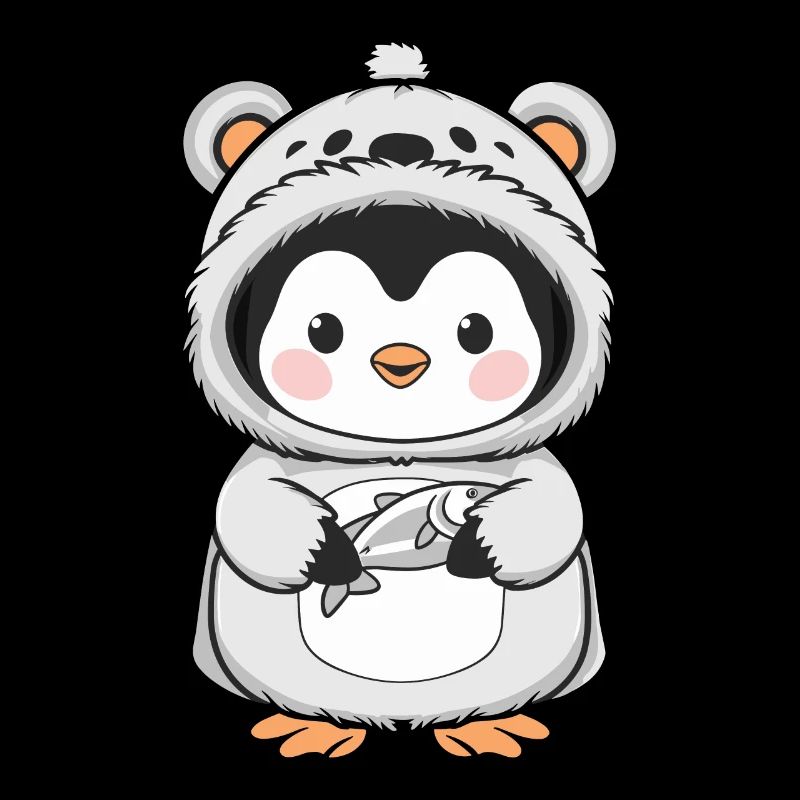 Cute penguin in costume with fish