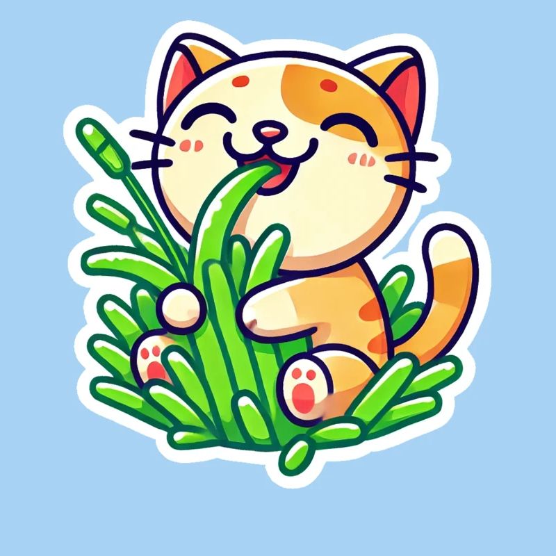 Chat roux mignon mangeant de l’herbe verte