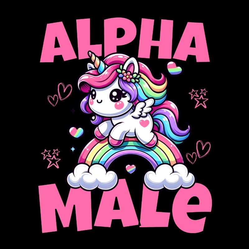Süßes Alpha Einhorn reitet männlich den Regenbogen