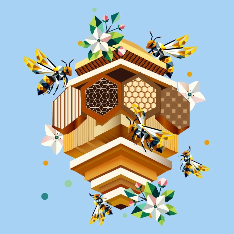 Beehive swarmed by bees and apple blossoms