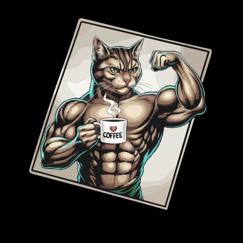 Powerful cat with coffee