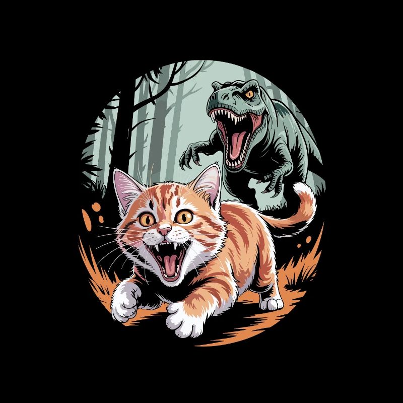 Cat runs away from dinosaur