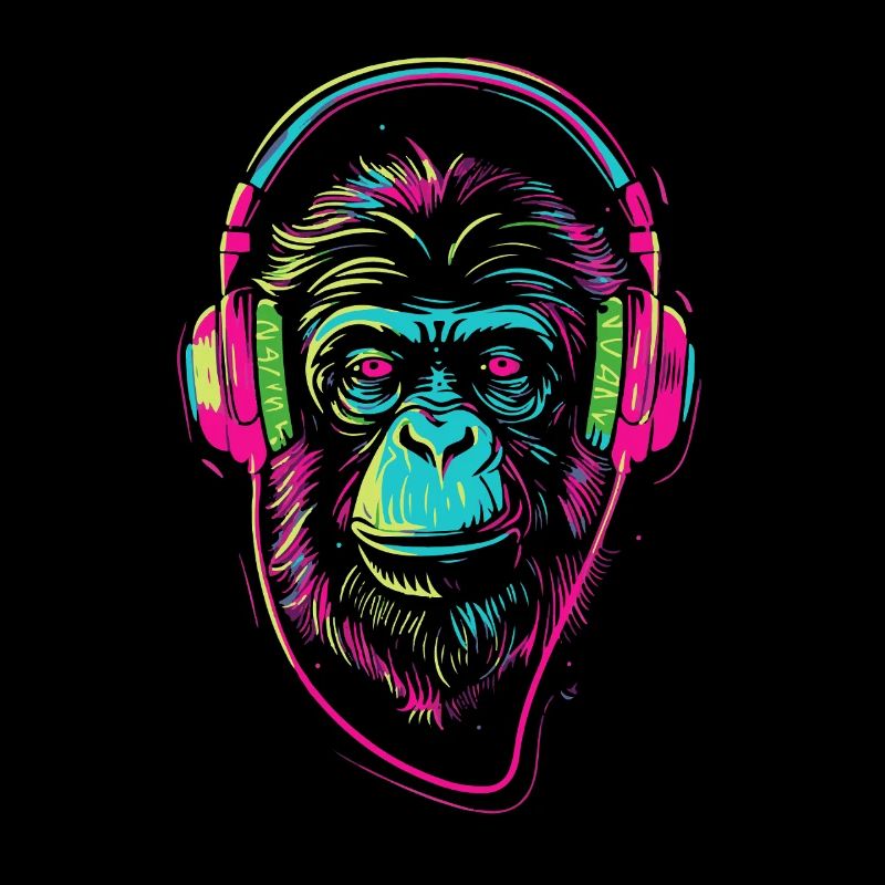 Neon monkey with headphones