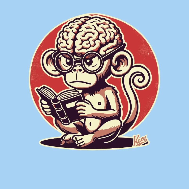 Nerd monkey with big Geirn reading a book