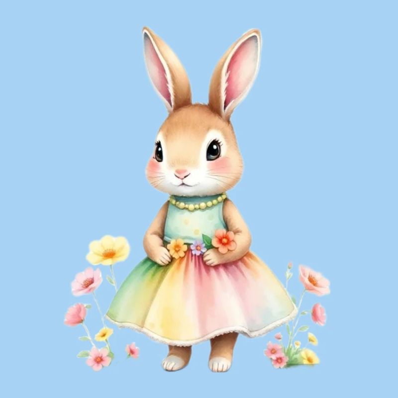 Lapin pastel en robe arc-en-ciel