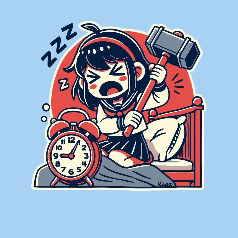 Müdes Mädchen mit Hammer und ein Wecker