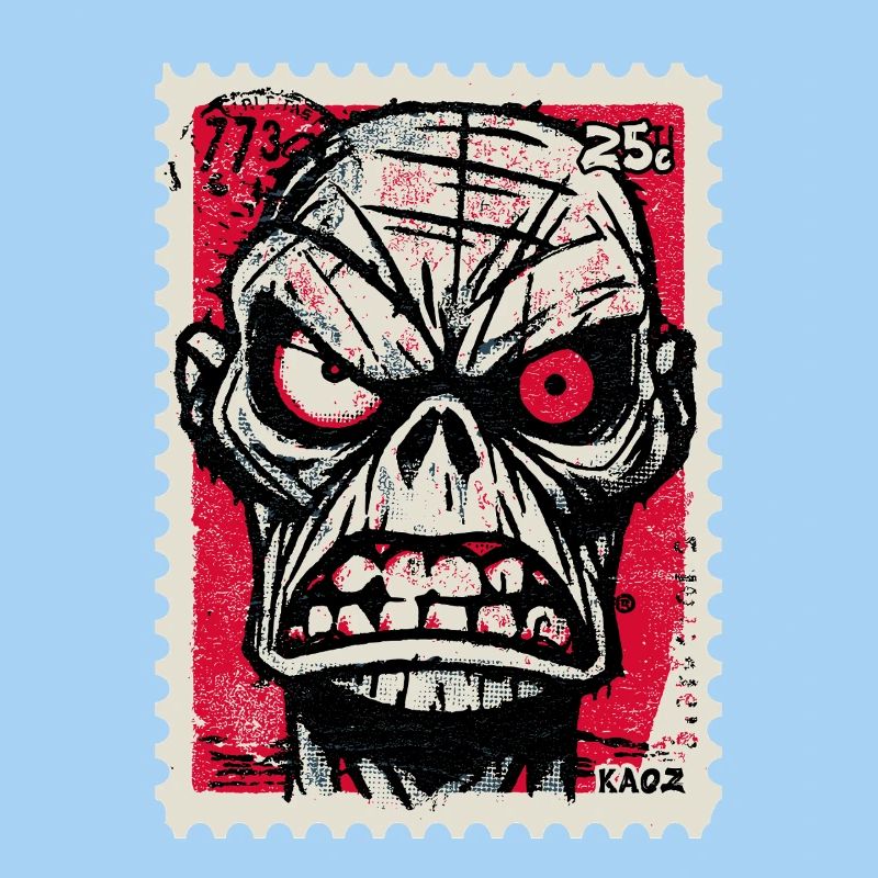 Angry skull on postage stamp