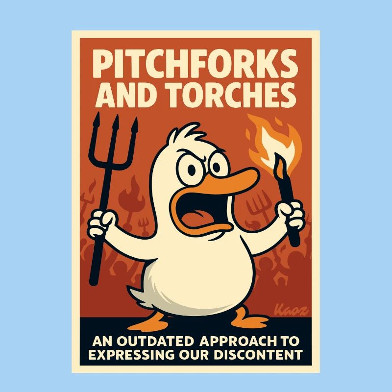 Angry duck with torch and pitchfork