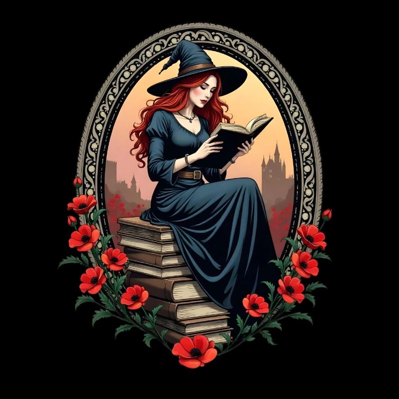 Bücher-Hexe mit Mohnblumen