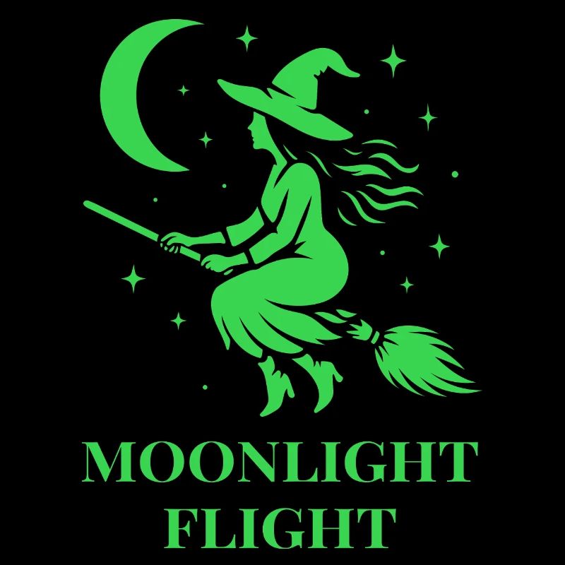 Witch flies through the night by moonlight