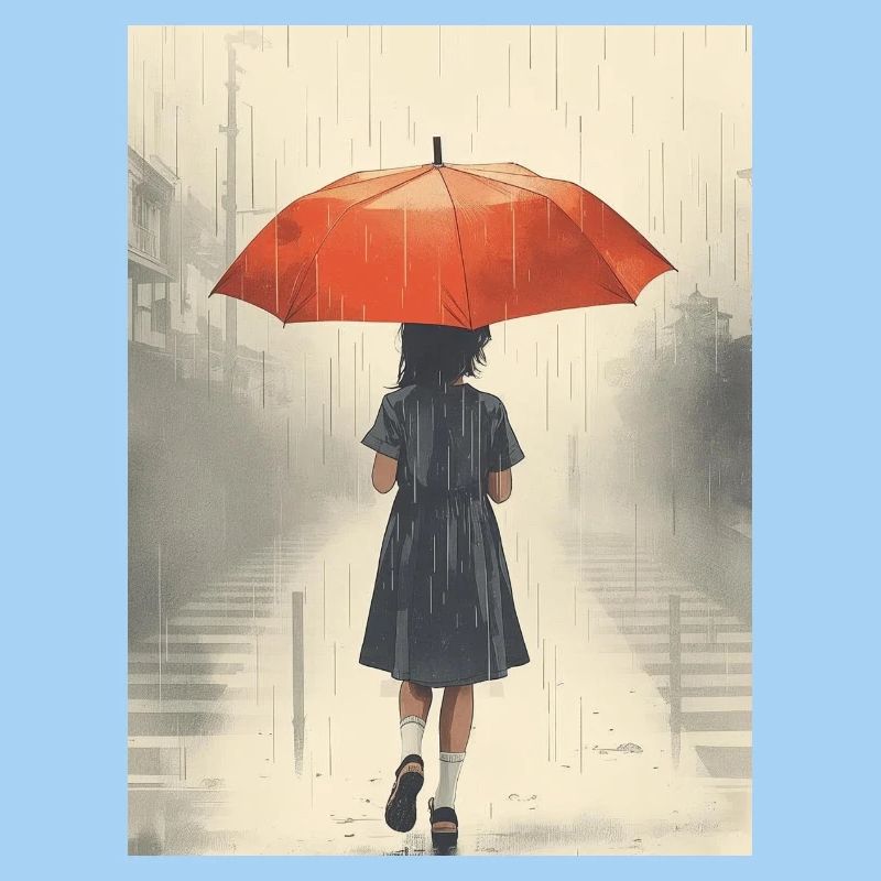 Mädchen Unter Regenschirm Bei Intensivem Regen